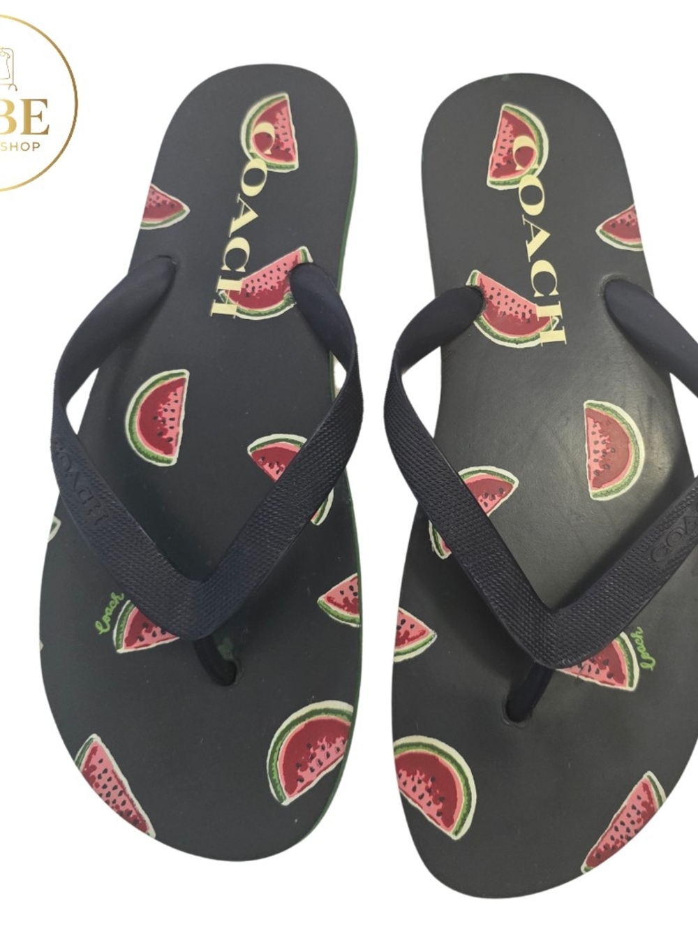 Coach Black Flip Flops with Pink & Green Watermelon Motif